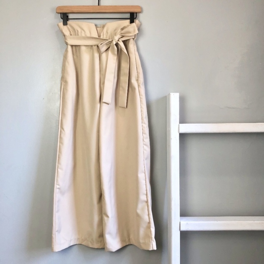 Zara Tan Ruched Wide Leg Crop Pants with Tie